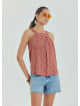 Halter Neck Button Detail Pleated Pink Floral Blouse 4675